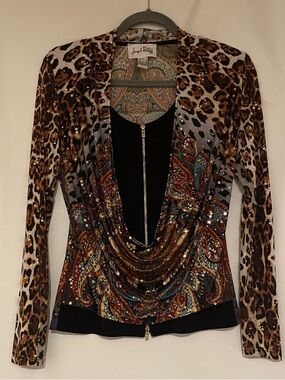 Joseph Ribkoff Leopard & Paisley Sequin Draped Cowl Neck Blouse